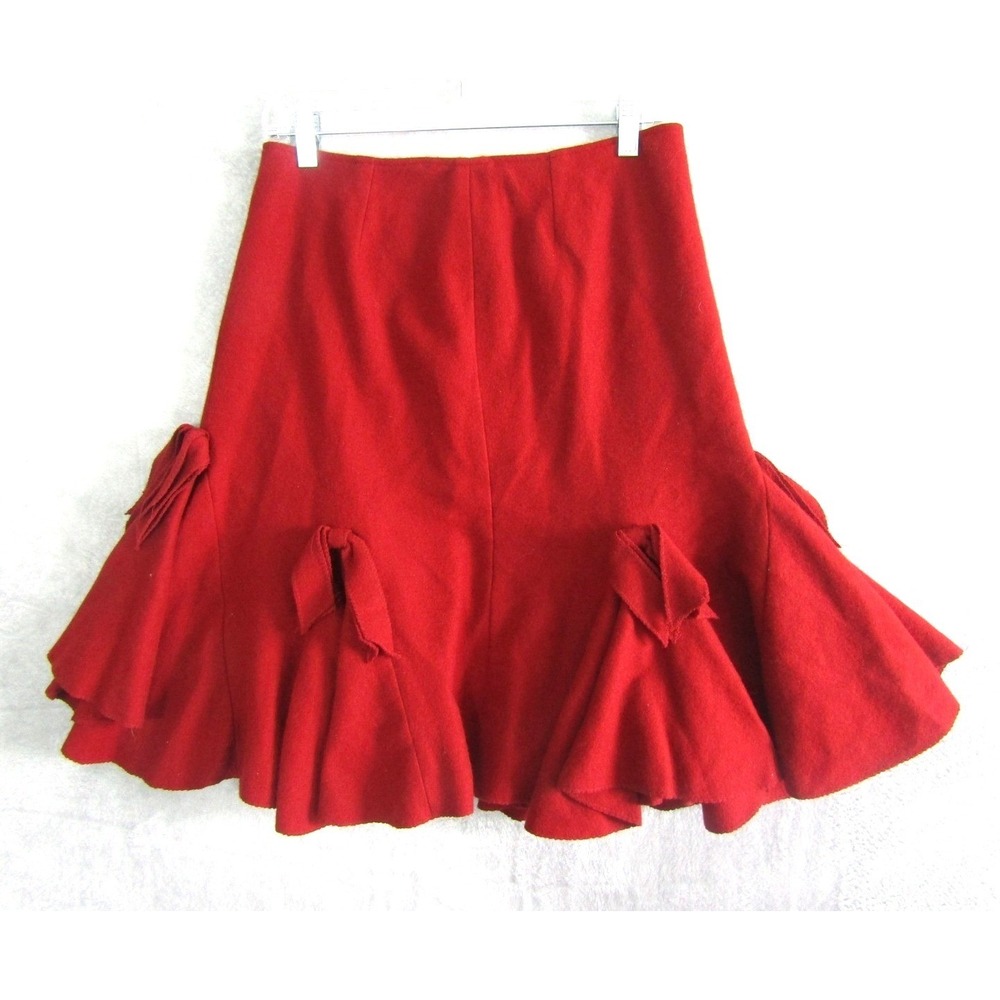 JON Red Flared Wool Ruffle Bow Skirt Knee Length Career Women Holiday Party